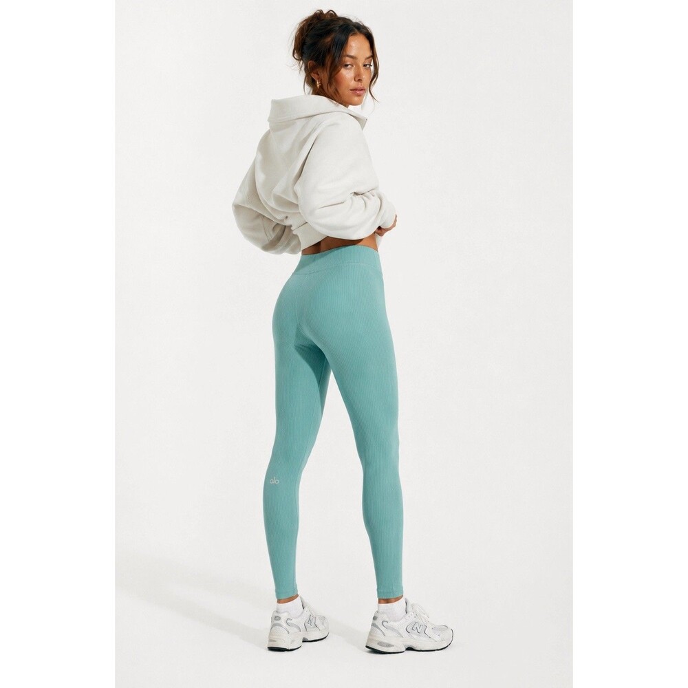 Alo Yoga Ribbed High Waist Blissful Leggings Aqua Blue Green Stretch Athletic XS